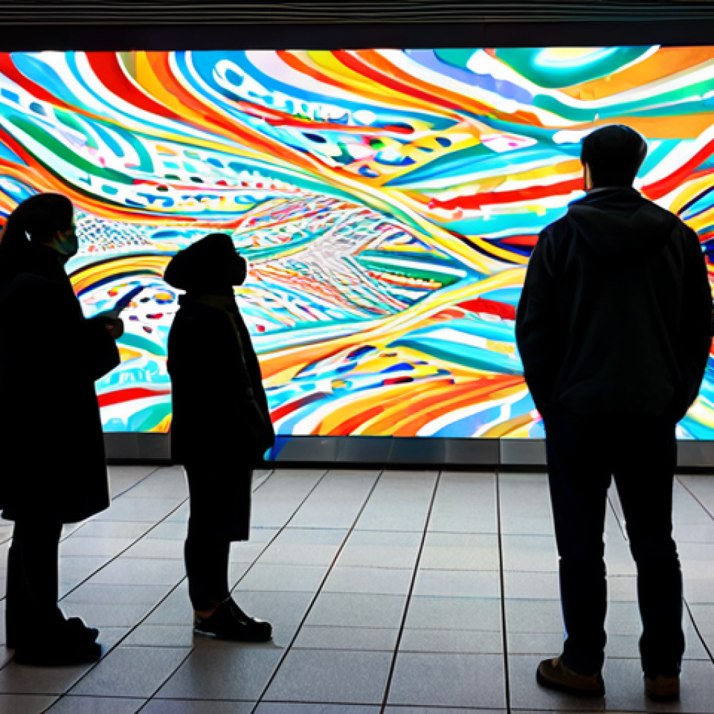 A diverse group of commuters, including adults and families, in modest, professional dress, admiring a large, dynamic LED digital art installation in a modern, brightly lit subway station concourse. The art displays fluid, colorful abstract patterns that subtly react to their presence. The scene is captured with professional photography, showcasing vibrant colors and crisp details. safe for work, appropriate content, fully clothed, professional, perfect anatomy, correct proportions, natural pose, well-formed hands, proper finger count, natural body proportions.