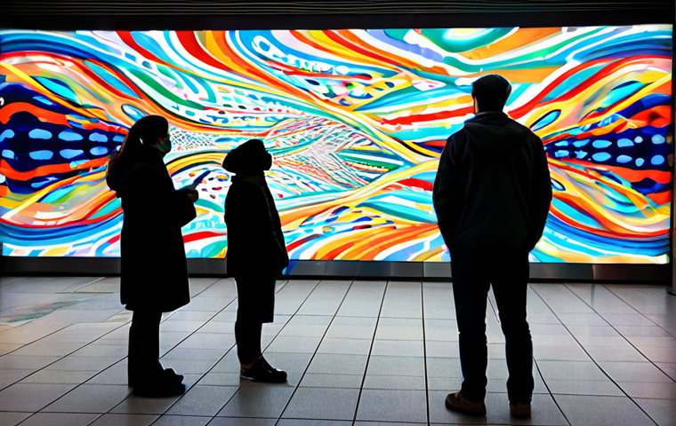 A diverse group of commuters, including adults and families, in modest, professional dress, admiring a large, dynamic LED digital art installation in a modern, brightly lit subway station concourse. The art displays fluid, colorful abstract patterns that subtly react to their presence. The scene is captured with professional photography, showcasing vibrant colors and crisp details. safe for work, appropriate content, fully clothed, professional, perfect anatomy, correct proportions, natural pose, well-formed hands, proper finger count, natural body proportions.
