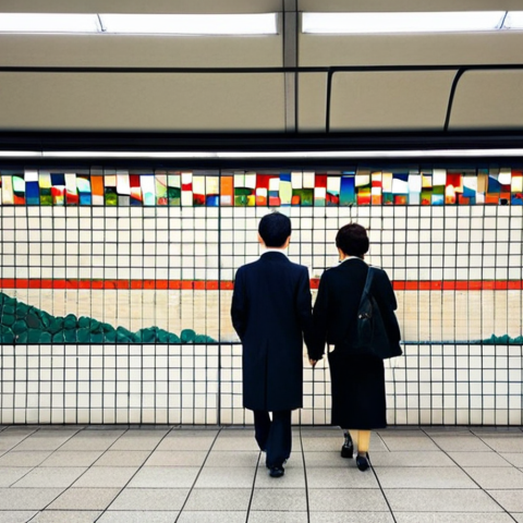 **

"A modern subway station in Tokyo, Japan, featuring a large mosaic mural depicting scenes from Japanese history. People in professional attire and modest clothing are walking through the station, some stopping to admire the art. The station is clean and well-lit. Safe for work, appropriate content, fully clothed, professional, perfect anatomy, correct proportions, natural pose, well-formed hands, proper finger count, natural body proportions, high quality, professional photography."

**