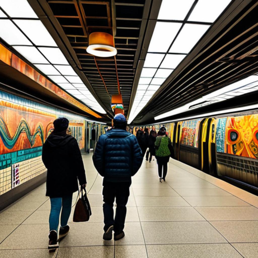 **

"A vibrant, colorful mural covering an entire subway station wall, featuring abstract designs and elements inspired by local history. Passengers in modest clothing are walking by, some pausing to admire the artwork. The station is well-lit with unique ceiling lighting fixtures. Safe for work, appropriate content, fully clothed, professional photography, perfect anatomy, natural proportions, family-friendly."

**