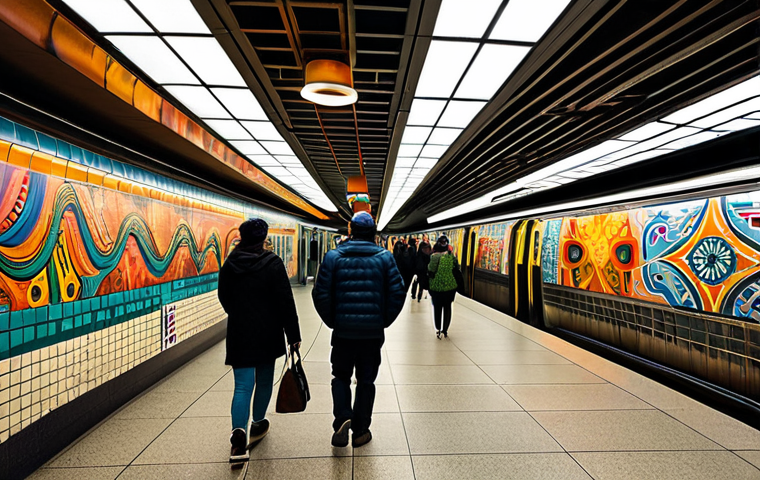 **

"A vibrant, colorful mural covering an entire subway station wall, featuring abstract designs and elements inspired by local history. Passengers in modest clothing are walking by, some pausing to admire the artwork. The station is well-lit with unique ceiling lighting fixtures. Safe for work, appropriate content, fully clothed, professional photography, perfect anatomy, natural proportions, family-friendly."

**