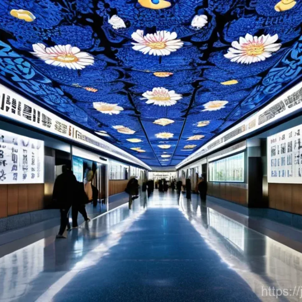서울 지하철 아트 프로젝트 사례 - A majestic and serene scene inside Seoul's Gyeongbokgung subway station. The station walls are trans...