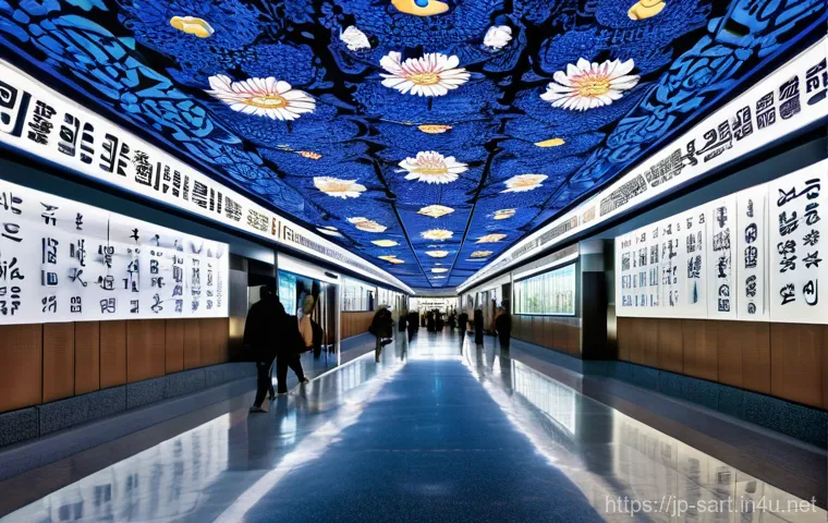 서울 지하철 아트 프로젝트 사례 - A majestic and serene scene inside Seoul's Gyeongbokgung subway station. The station walls are trans...
