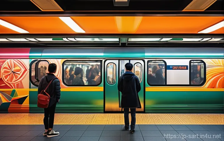 지하철 아트 디자인 공모전 - **Vibrant Subway Gallery:** A bustling, clean subway station in a modern Asian city, transformed int...
