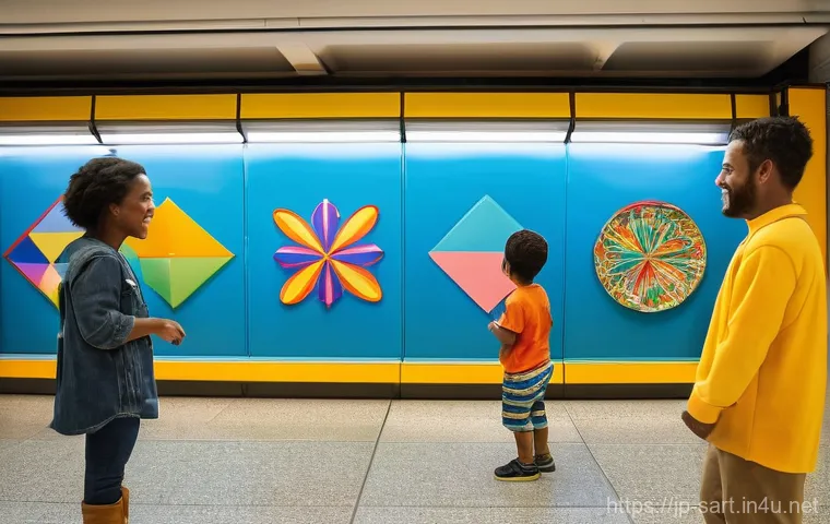 지하철 아트 디자인 공모전 - **Vibrant Subway Gallery:** A bustling, clean subway station in a modern Asian city, transformed int...