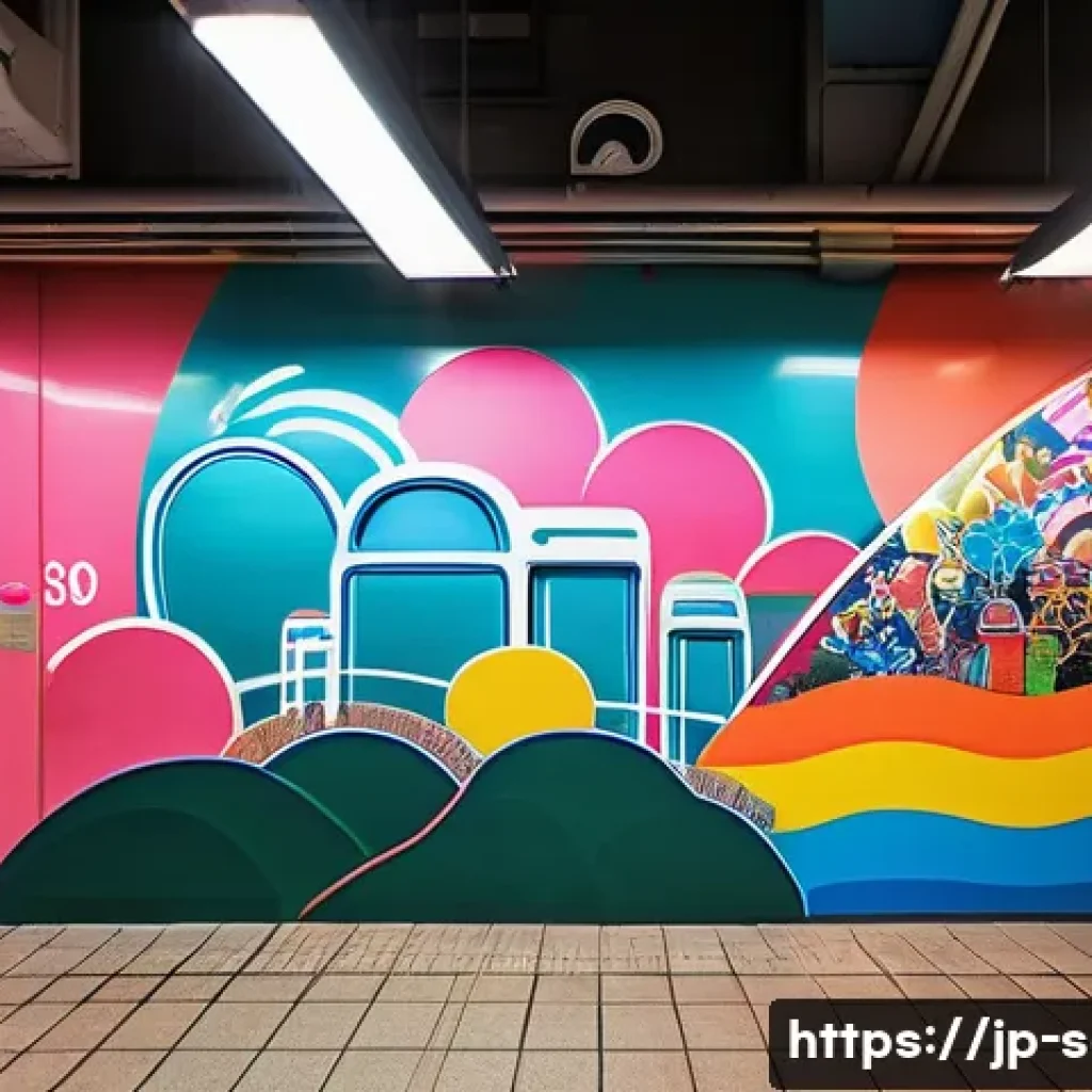 서울 지하철 벽화 예술가 - A vibrant, colorful mural inside Hongdae Entrance Station capturing youthful culture and pop art sty...