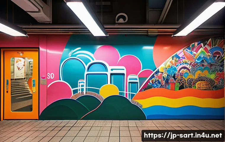 서울 지하철 벽화 예술가 - A vibrant, colorful mural inside Hongdae Entrance Station capturing youthful culture and pop art sty...