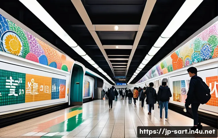지하철 아트와 관광 명소 - A vibrant modern subway station in Tokyo featuring a large, colorful mural inspired by local pop cul...