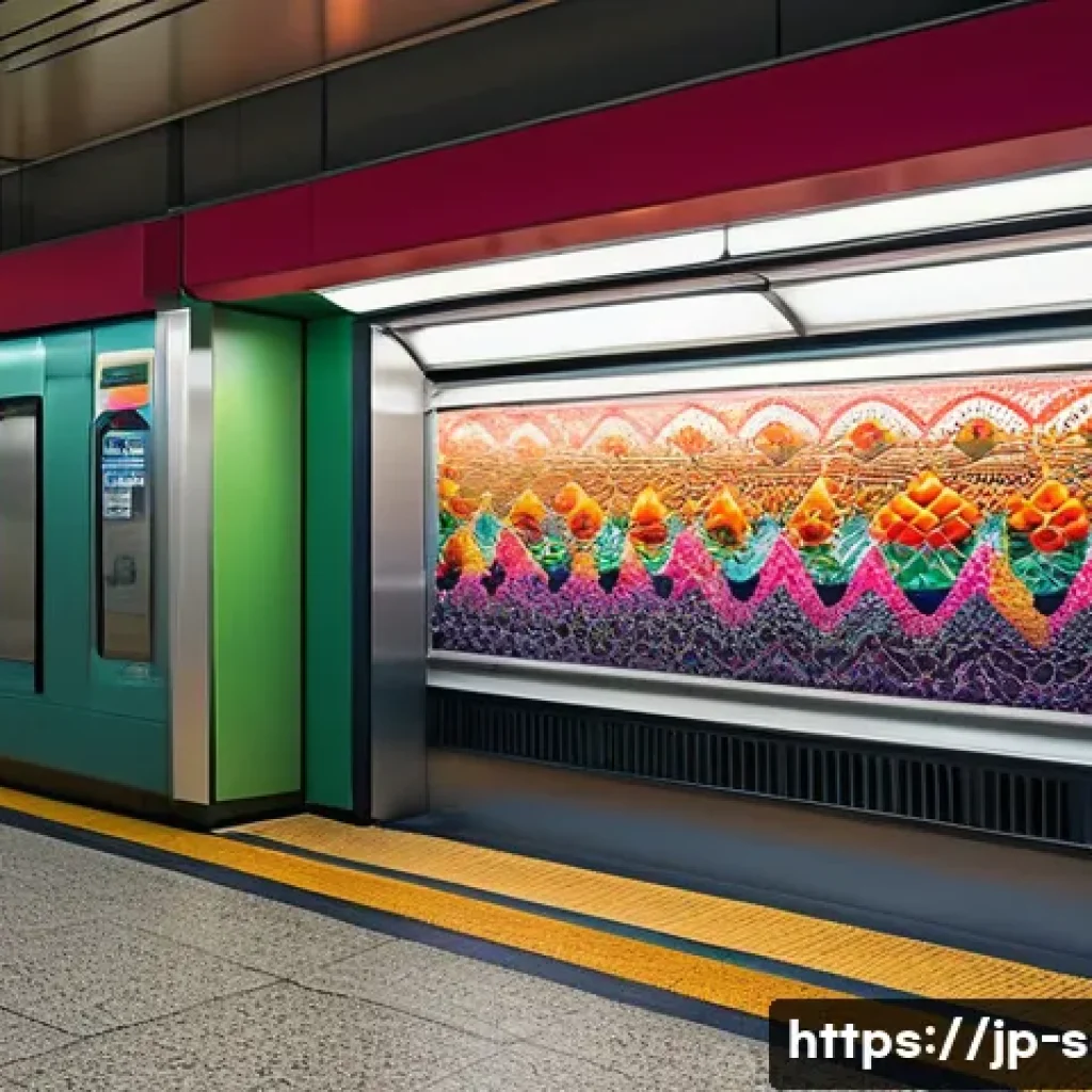 지하철 아트와 기능적 디자인 - A modern Japanese subway station interior featuring vibrant wall art inspired by local traditional c...