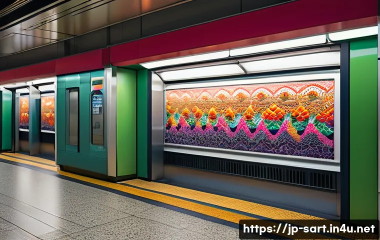 지하철 아트와 기능적 디자인 - A modern Japanese subway station interior featuring vibrant wall art inspired by local traditional c...
