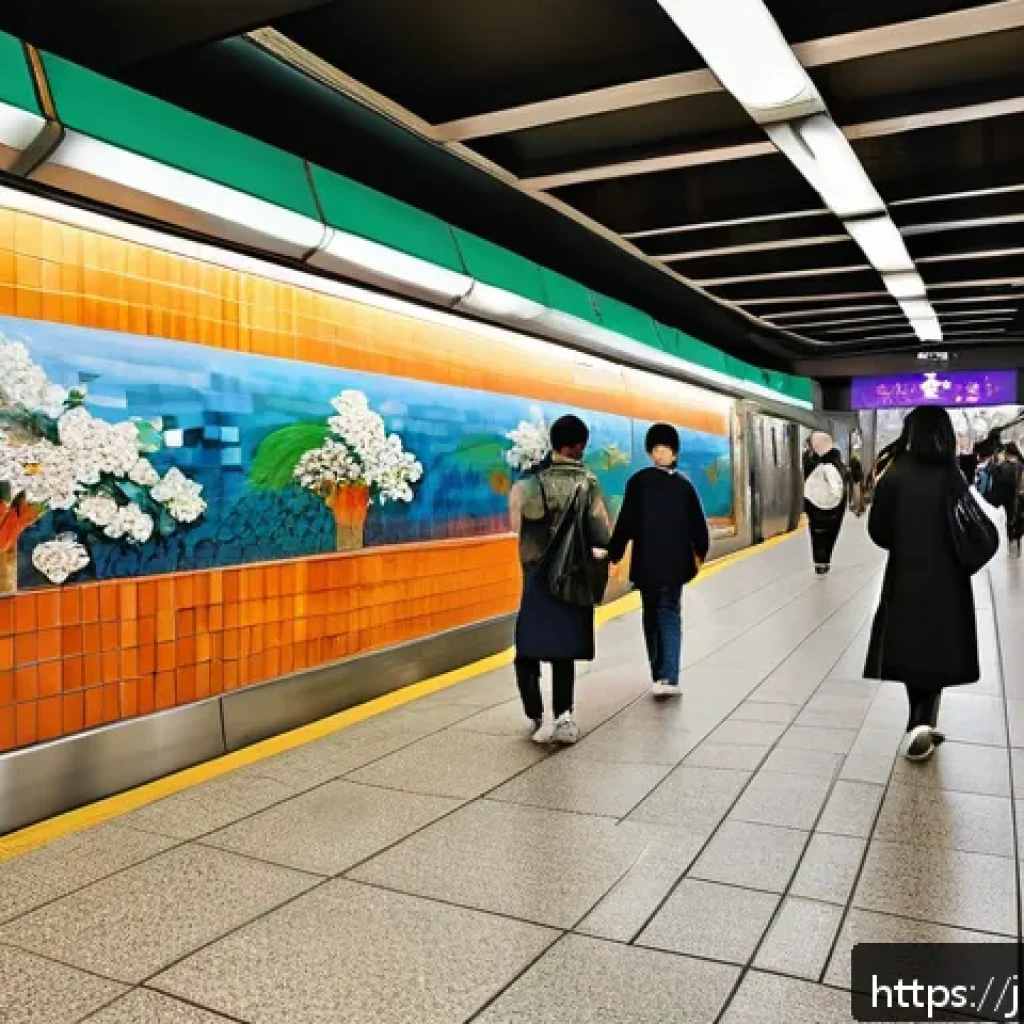 서울 지하철 예술 프로젝트 발전사 - A vibrant urban subway station interior in Seoul adorned with large-scale murals and mosaic art depi...