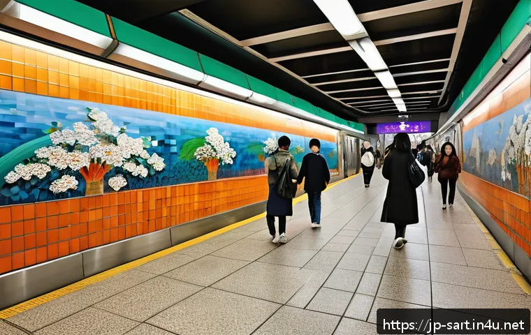 서울 지하철 예술 프로젝트 발전사 - A vibrant urban subway station interior in Seoul adorned with large-scale murals and mosaic art depi...