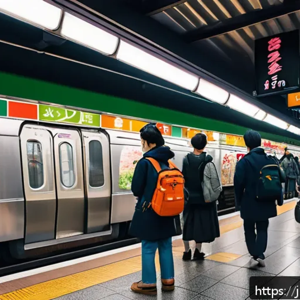 지하철 아트와 다양한 세대 - A vibrant subway station platform in Tokyo during the morning rush hour, featuring large colorful mu...