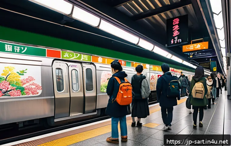 지하철 아트와 다양한 세대 - A vibrant subway station platform in Tokyo during the morning rush hour, featuring large colorful mu...