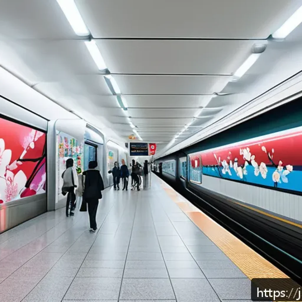 지하철 아트와 유행 - A vibrant subway station interior in Japan featuring a large mural that blends traditional Japanese ...