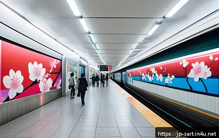 지하철 아트와 유행 - A vibrant subway station interior in Japan featuring a large mural that blends traditional Japanese ...