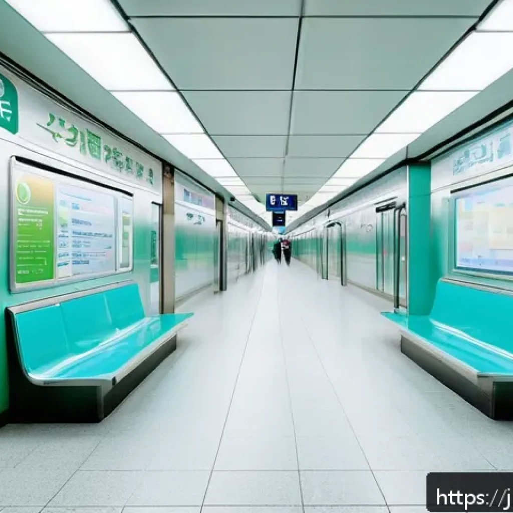 지하철 아트와 색채의 의미 - A modern Japanese subway station interior featuring calming blue and green pastel walls with subtle ...