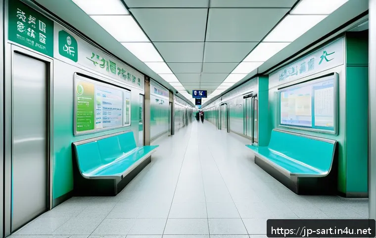 지하철 아트와 색채의 의미 - A modern Japanese subway station interior featuring calming blue and green pastel walls with subtle ...