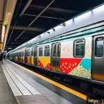 지하철 아트의 사회적 영향 - A vibrant subway station platform in a modern Japanese city during morning rush hour, featuring larg...