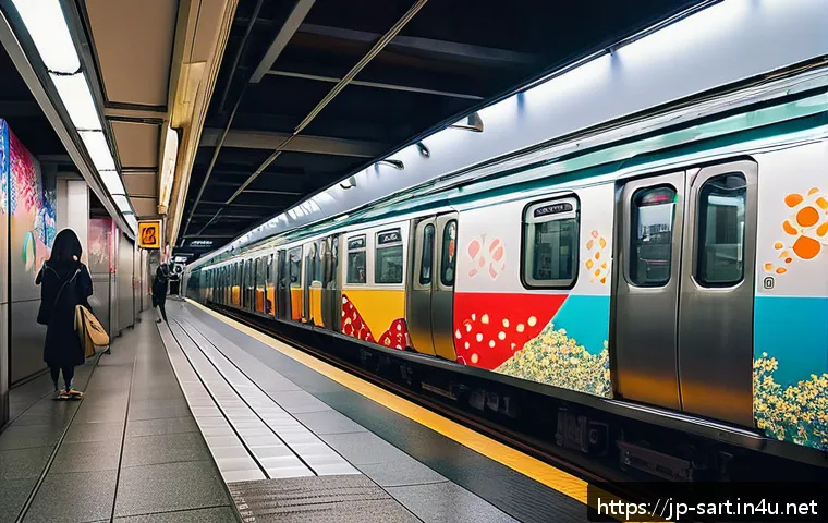 지하철 아트의 사회적 영향 - A vibrant subway station platform in a modern Japanese city during morning rush hour, featuring larg...
