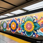 지하철 아트와 공연 예술 - A vibrant Japanese subway station interior featuring a large, colorful mural on the walls blending t...