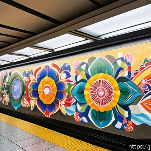 지하철 아트와 공연 예술 - A vibrant Japanese subway station interior featuring a large, colorful mural on the walls blending t...
