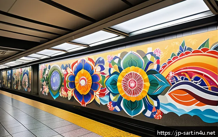 지하철 아트와 공연 예술 - A vibrant Japanese subway station interior featuring a large, colorful mural on the walls blending t...