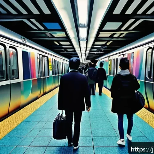 지하철 아트와 게임 디자인 - A modern Japanese subway platform at rush hour, featuring expansive abstract murals with vibrant col...