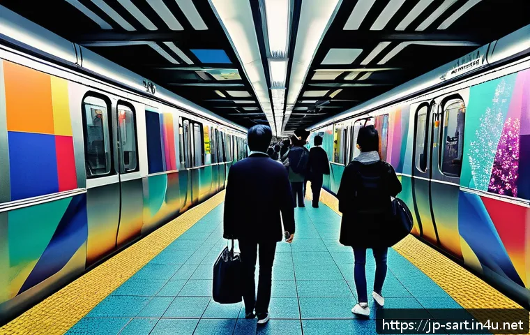 지하철 아트와 게임 디자인 - A modern Japanese subway platform at rush hour, featuring expansive abstract murals with vibrant col...