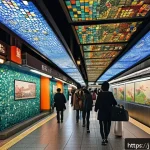 지하철 아트의 역사 - A vibrant subway station interior in Tokyo featuring colorful mosaic art inspired by Edo period land...