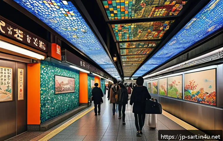 지하철 아트의 역사 - A vibrant subway station interior in Tokyo featuring colorful mosaic art inspired by Edo period land...
