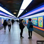 지하철 아트와 시민 참여 - A vibrant subway station transformed into an immersive art gallery, featuring colorful murals on wal...