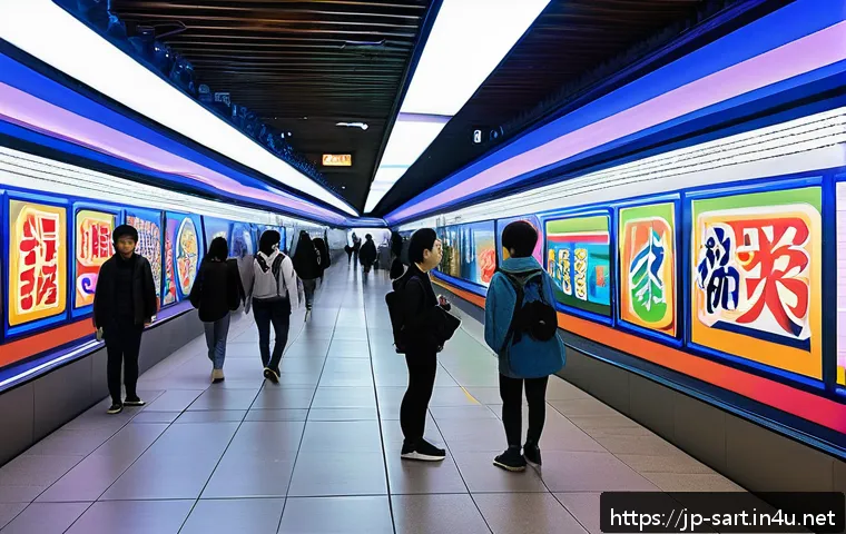 지하철 아트와 시민 참여 - A vibrant subway station transformed into an immersive art gallery, featuring colorful murals on wal...