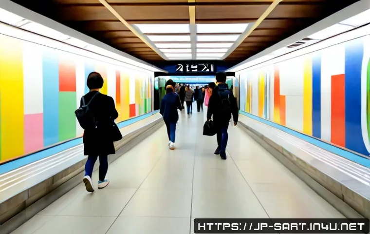 서울 지하철 아트 커뮤니티 - Photorealistic Seoul subway station concourse transformed into a community art space, diverse commut...